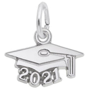 A sterling silver "Grad Cap 2021 Charm" by Rembrandt Charms features a small hook at the top for attaching to a bracelet or necklace. This charm has "2021" engraved on the tassel side, making it an ideal gift to commemorate a 2021 graduation achievement.