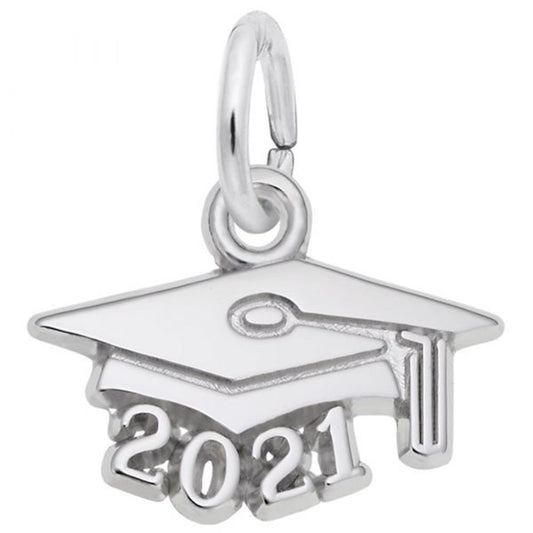 A sterling silver "Grad Cap 2021 Charm" by Rembrandt Charms features a small hook at the top for attaching to a bracelet or necklace. This charm has "2021" engraved on the tassel side, making it an ideal gift to commemorate a 2021 graduation achievement.