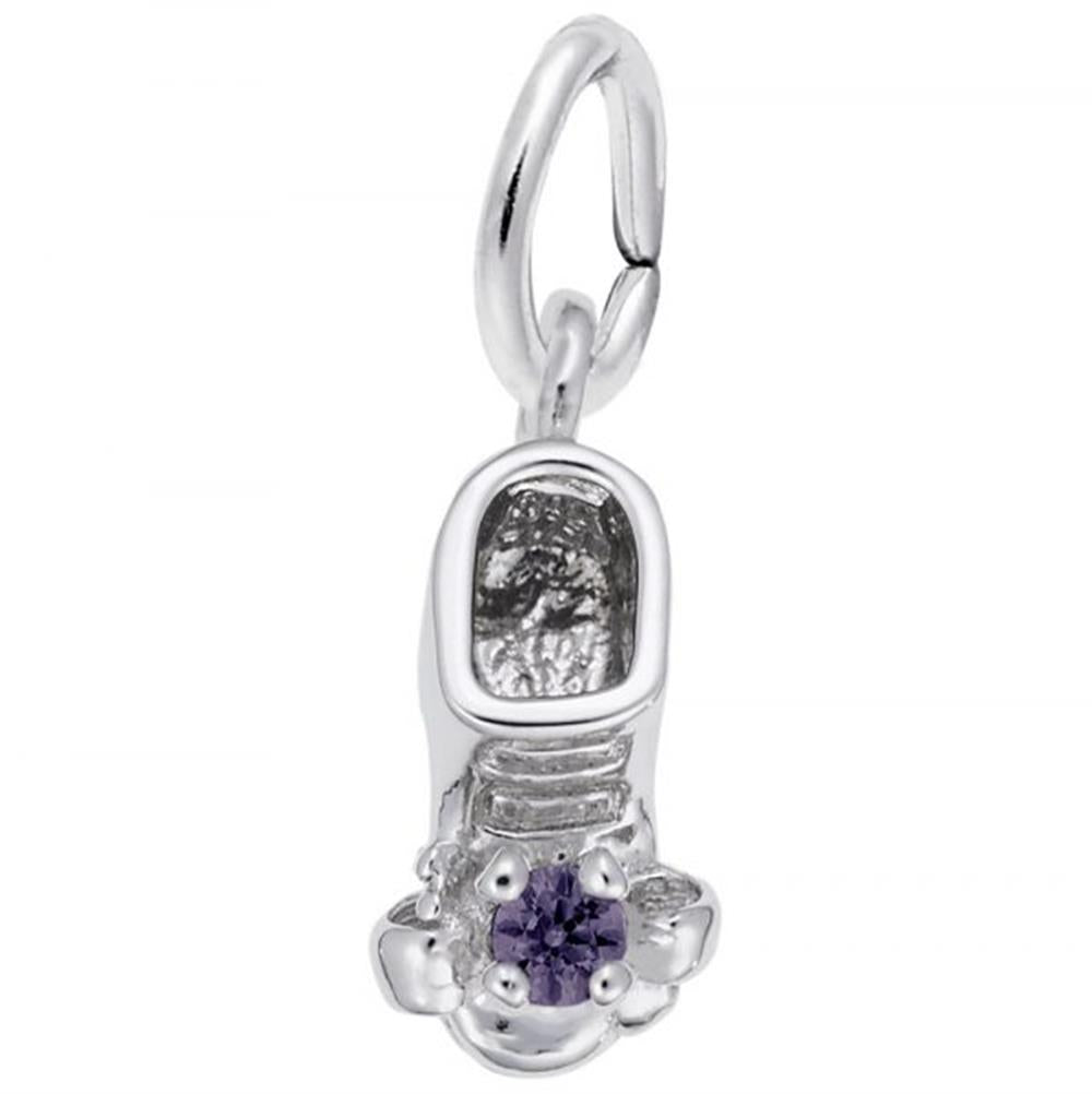 The February Birthstone Baby Bootie Charm in Sterling Silver by Rembrandt Charms is a delicate silver baby shoe pendant, highlighting intricate details and a small, round purple gemstone near the toe. This polished Sterling Silver design includes a ring for attaching to a necklace or bracelet, showcasing exceptional craftsmanship and elegance.