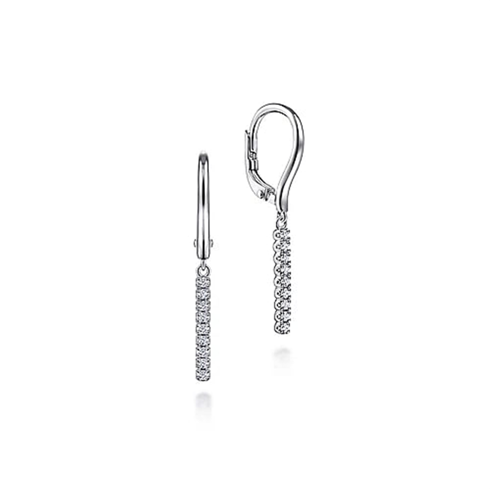 Introducing the 14K White Gold Diamond Bar Drop Leverback Earrings by Gabriel & Co—a stunning pair of earrings featuring a vertical row of sparkling round-cut diamonds and secure lever-back closures for both style and safety.