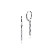 Introducing the 14K White Gold Diamond Bar Drop Leverback Earrings by Gabriel & Co—a stunning pair of earrings featuring a vertical row of sparkling round-cut diamonds and secure lever-back closures for both style and safety.