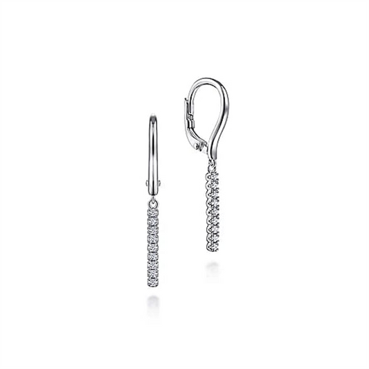 Introducing the 14K White Gold Diamond Bar Drop Leverback Earrings by Gabriel & Co—a stunning pair of earrings featuring a vertical row of sparkling round-cut diamonds and secure lever-back closures for both style and safety.