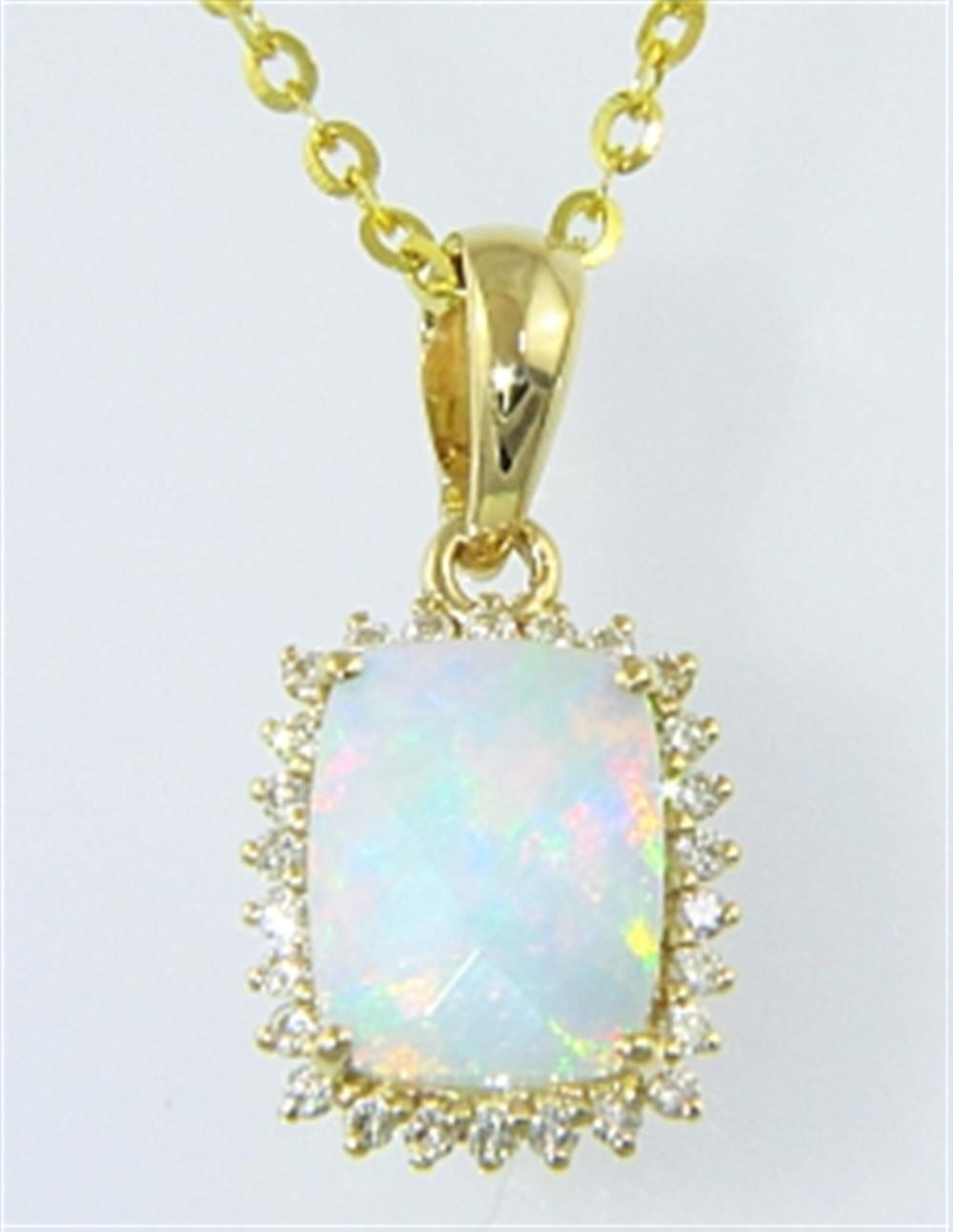 A close-up image showcases the Bellarri Opal and Diamond Pendant D-0.15 O-1.36 14KWG from the Forever Young Collection, featuring a diamond pendant centered with a rectangular opal gemstone, encircled by a border of small diamonds. The light pastel shades of the opal are beautifully highlighted as it hangs from an elegant gold chain.