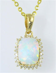 A close-up image showcases the Bellarri Opal and Diamond Pendant D-0.15 O-1.36 14KWG from the Forever Young Collection, featuring a diamond pendant centered with a rectangular opal gemstone, encircled by a border of small diamonds. The light pastel shades of the opal are beautifully highlighted as it hangs from an elegant gold chain.