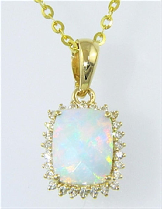 A close-up image showcases the Bellarri Opal and Diamond Pendant D-0.15 O-1.36 14KWG from the Forever Young Collection, featuring a diamond pendant centered with a rectangular opal gemstone, encircled by a border of small diamonds. The light pastel shades of the opal are beautifully highlighted as it hangs from an elegant gold chain.