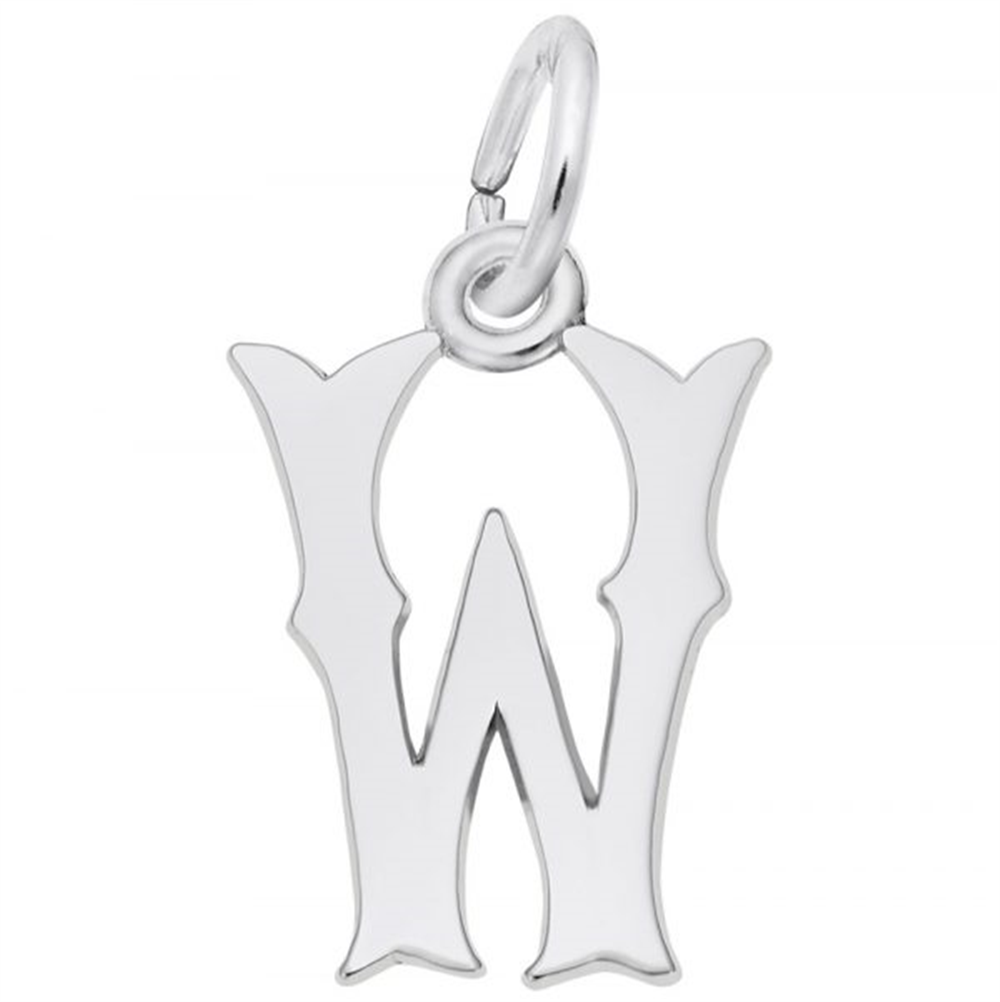 The Blackletter Style Initial W Charm by Rembrandt Charms is crafted in sterling silver, featuring a Gothic design with pointed ends and intricate detailing. It includes a circular loop at the top for easy attachment to a chain or personalized charm bracelet.