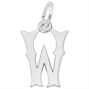 The Blackletter Style Initial W Charm by Rembrandt Charms is crafted in sterling silver, featuring a Gothic design with pointed ends and intricate detailing. It includes a circular loop at the top for easy attachment to a chain or personalized charm bracelet.