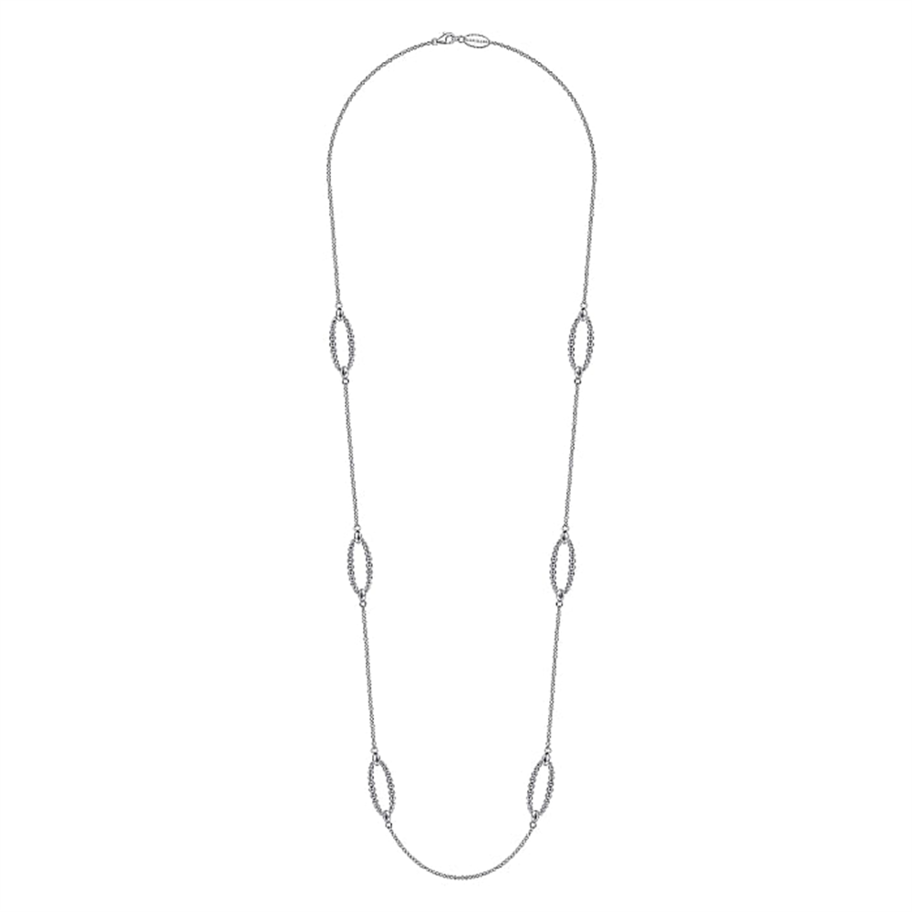 The Gabriel & Co Sterling Silver Bujukan Station Necklace | 32" showcases a delicate chain design with evenly spaced oval-shaped links, exuding simple elegance and luxury. This versatile piece is perfect for both casual and formal wear.