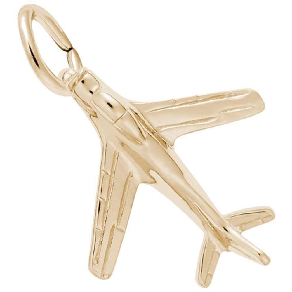 The Rembrandt Charms Military Airplane Gold Plated Charm features detailed wings and tail with a top loop for hanging—ideal for airplane jewelry enthusiasts.