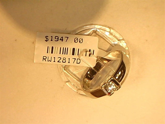 A Ryan Gems Half Bezel Round Diamond Band in 14k white gold, size 6.75, is displayed on a white surface with a price tag showing "$1947.00" and code "RW12817D".