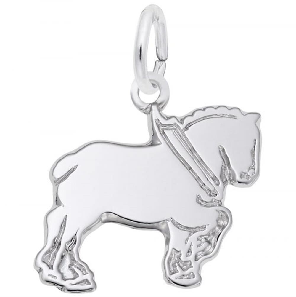 The Rembrandt Charms Clydesdale Horse Charm in Sterling Silver is a beautifully crafted piece featuring a detailed mane and hooves. This charm captures the robust and graceful form of this majestic breed, with a small loop at the top for easy attachment to a bracelet or necklace.