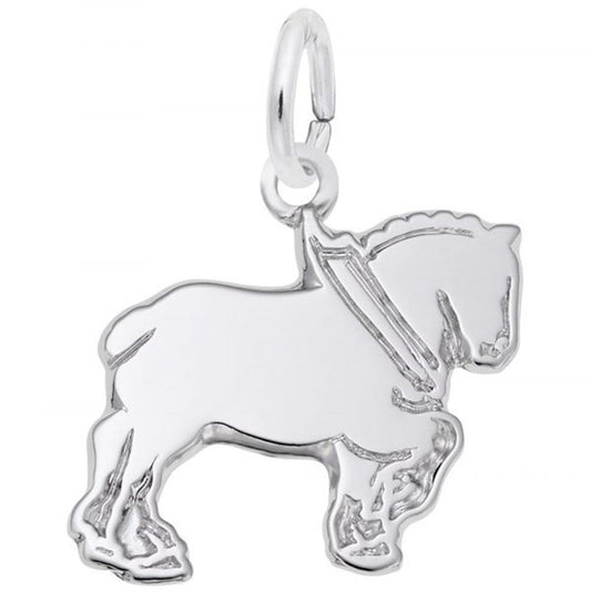 The Rembrandt Charms Clydesdale Horse Charm in Sterling Silver is a beautifully crafted piece featuring a detailed mane and hooves. This charm captures the robust and graceful form of this majestic breed, with a small loop at the top for easy attachment to a bracelet or necklace.