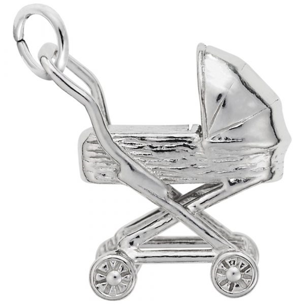 The image shows the Sterling Silver Traditional Baby Carriage Charm from Rembrandt Charms. This charm features a detailed traditional baby carriage design, capturing the timeless elegance of early childhood. The charm is crafted from sterling silver and has dimensions of 0.6 inches by 0.63 inches (15.21 mm x 15.91 mm), with the style number 3209. This exquisite charm is a perfect keepsake to commemorate the arrival of a new baby and makes a wonderful addition to any charm bracelet.