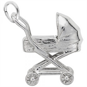 The image shows the Sterling Silver Traditional Baby Carriage Charm from Rembrandt Charms. This charm features a detailed traditional baby carriage design, capturing the timeless elegance of early childhood. The charm is crafted from sterling silver and has dimensions of 0.6 inches by 0.63 inches (15.21 mm x 15.91 mm), with the style number 3209. This exquisite charm is a perfect keepsake to commemorate the arrival of a new baby and makes a wonderful addition to any charm bracelet.