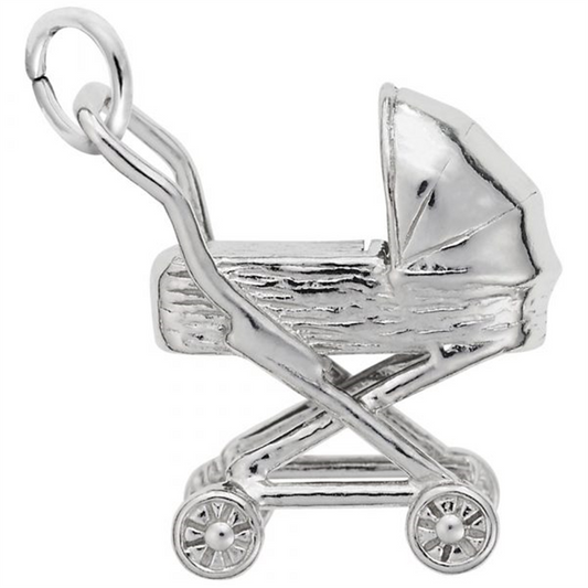The image shows the Sterling Silver Traditional Baby Carriage Charm from Rembrandt Charms. This charm features a detailed traditional baby carriage design, capturing the timeless elegance of early childhood. The charm is crafted from sterling silver and has dimensions of 0.6 inches by 0.63 inches (15.21 mm x 15.91 mm), with the style number 3209. This exquisite charm is a perfect keepsake to commemorate the arrival of a new baby and makes a wonderful addition to any charm bracelet.
