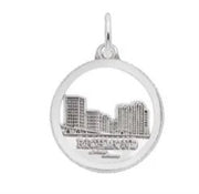 Introducing the Richmond Skyline Disc Charm from Rembrandt Charms. This exquisite sterling silver charm showcases an intricately detailed cityscape of Richmond, complete with tall buildings and a riverfront. The city name "RICHMOND" is beautifully engraved beneath the design, all encased within a circular frame that includes a loop for easy attachment to a chain.