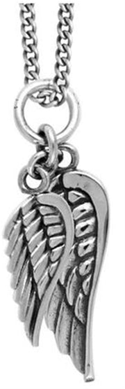 The Double Wing Silver Necklace by King Baby features a detailed sterling silver pendant shaped like a pair of angel wings. The wings boast a realistic feather texture and are attached to a curblink chain with a loop. Handmade in the USA, the image showcases the intricate design and shine of the metal.
