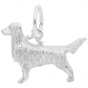 The Rembrandt Charms Retriever Dog Charm made of sterling silver features a flat, textured surface and depicts a standing Golden Retriever in profile, complete with detailed fur and a raised, bushy tail. The charm is attached to a ring for easy fastening.