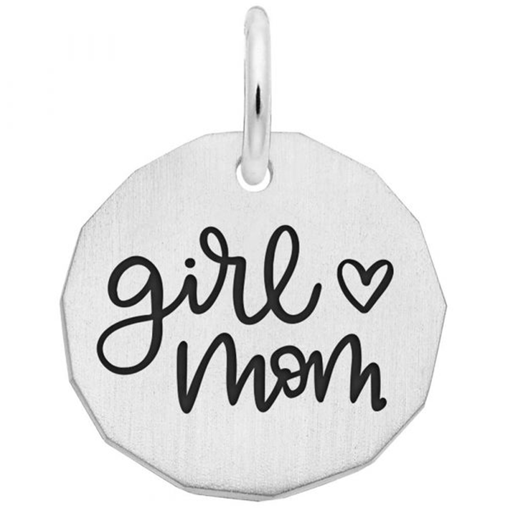 The Girl Mom Charm by Rembrandt Charms is a sterling silver pendant featuring the handwritten words "girl mom" alongside a small heart, creating a meaningful piece of mother daughter jewelry.