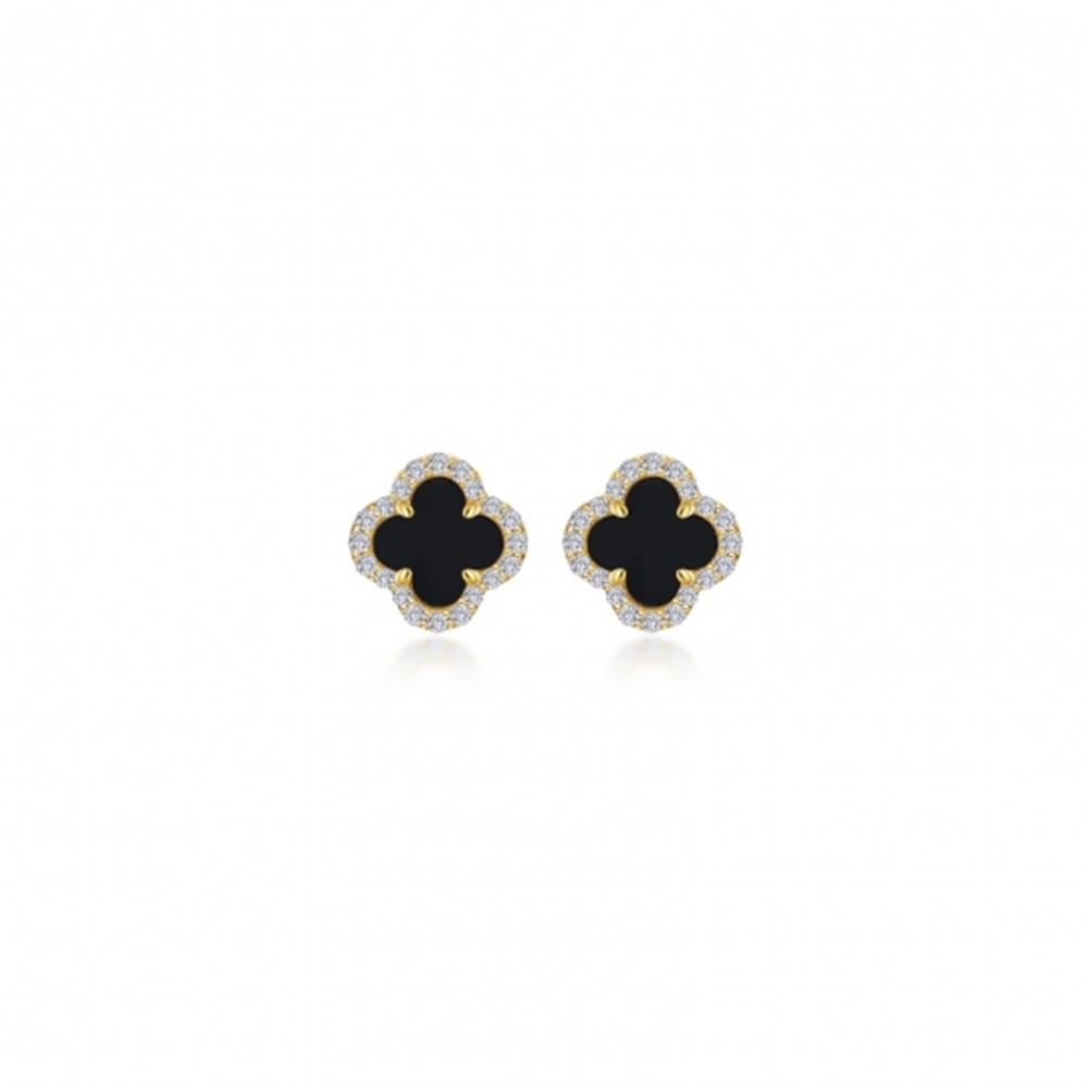 Introducing the elegant Lafonn ER CL S.S GP .040 CTW Black Onyx Good Luck Stud Earrings. Each earring showcases a clover-shaped design, featuring a stunning Black Onyx center adorned with a border of small, sparkling clear stones. Set in gold-tone metal, these stud earrings are sure to bring good luck and style to your ensemble.