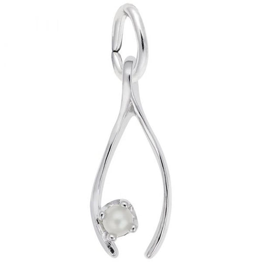 The Wishbone Charm by Rembrandt Charms is a sleek, sterling silver pendant featuring a small, round pearl delicately set at the base. The charm boasts a smooth, polished finish and includes a loop at the top for easy attachment to a necklace or chain.