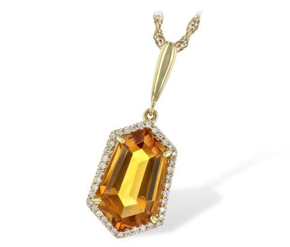 The Allison Kaufman 14K Gold Citrine & Diamond Necklace features a hexagonal citrine pendant bordered by diamond accents, with a twisted design chain that perfectly complements the warm tones of the gemstone and gold setting.