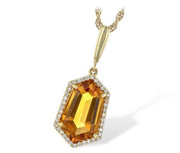 The Allison Kaufman 14K Gold Citrine & Diamond Necklace features a hexagonal citrine pendant bordered by diamond accents, with a twisted design chain that perfectly complements the warm tones of the gemstone and gold setting.