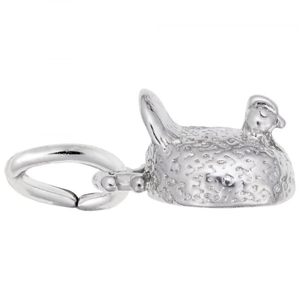 The Chicken With Pearl Charm by Rembrandt Charms is a petite, sterling silver pendant shaped like a bird with textured details. This charm, which resembles a chicken adorned with pearl accents, features a clasp at one end for easy attachment to a chain or bracelet. The bird is depicted perched with its wings slightly spread.