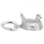 The Chicken With Pearl Charm by Rembrandt Charms is a petite, sterling silver pendant shaped like a bird with textured details. This charm, which resembles a chicken adorned with pearl accents, features a clasp at one end for easy attachment to a chain or bracelet. The bird is depicted perched with its wings slightly spread.