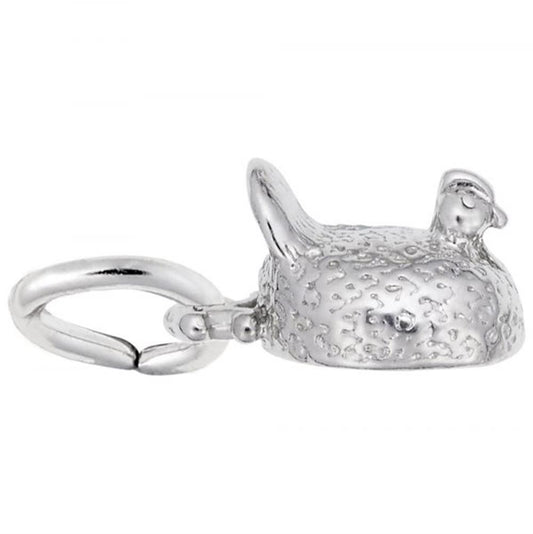 The Chicken With Pearl Charm by Rembrandt Charms is a petite, sterling silver pendant shaped like a bird with textured details. This charm, which resembles a chicken adorned with pearl accents, features a clasp at one end for easy attachment to a chain or bracelet. The bird is depicted perched with its wings slightly spread.