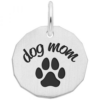 The Rembrandt Charms Dog Mom Charm in sterling silver features an octagon-shaped pendant engraved with "dog mom" above a black paw print—an ideal gift for any pet parent. A small top loop makes it easy to attach this charming piece of paw print jewelry to a chain or keyring.