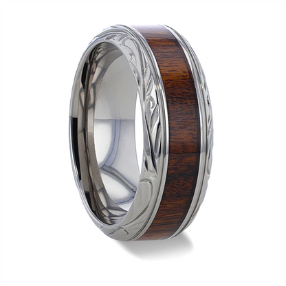 The Thorsten T1275-BWIP KRAFT ring features a wide Black Walnut Wood inlay with intricate beveled edges and detailed engravings.