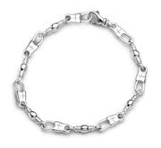The 5mm Width & 7.75 inch Length Cross Bracelet with Swivel Lobster Clasp by Denali Pro Jewelers, named Fisher of Men, features alternating rectangular and oval links each engraved with a cross design. It is laid out in a circular formation on a plain white background.