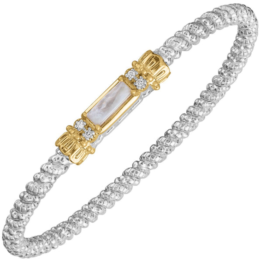 The Alwand Vahan Jewelry 3mm Diamond and Mother of Pearl Short Bar bracelet showcases a rectangular mother-of-pearl centerpiece framed by gold accents and small round diamonds, all set on a silver beaded band.