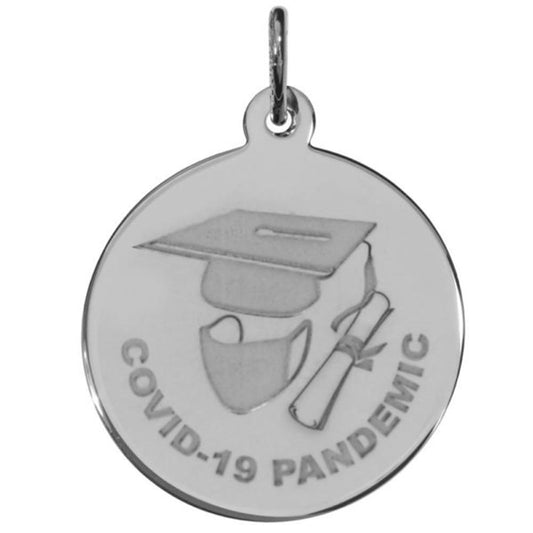 The Covid-19 Graduation Charm in Sterling Silver by Rembrandt Charms is a silver pendant that showcases an engraved design of a graduation cap, face mask, and diploma, with "COVID-19 PANDEMIC" inscribed around the image.