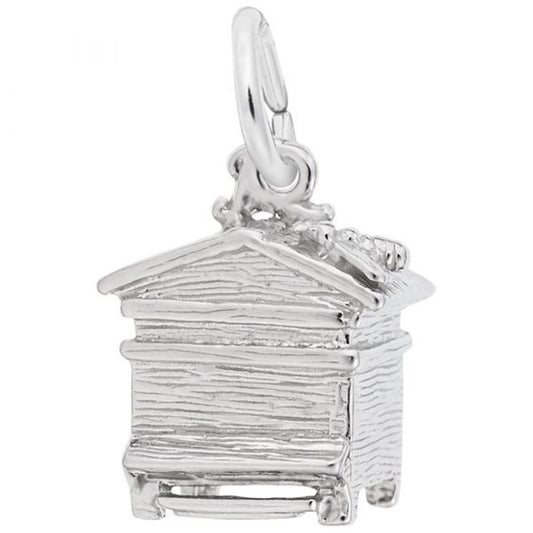 The Rembrandt Charms Beehive Charm in sterling silver is a detailed beehive charm, ideal for beekeeper jewelry enthusiasts. It features a small loop at the top for attaching to a bracelet or necklace and boasts a textured design that mimics wood, providing an incredibly realistic appearance.