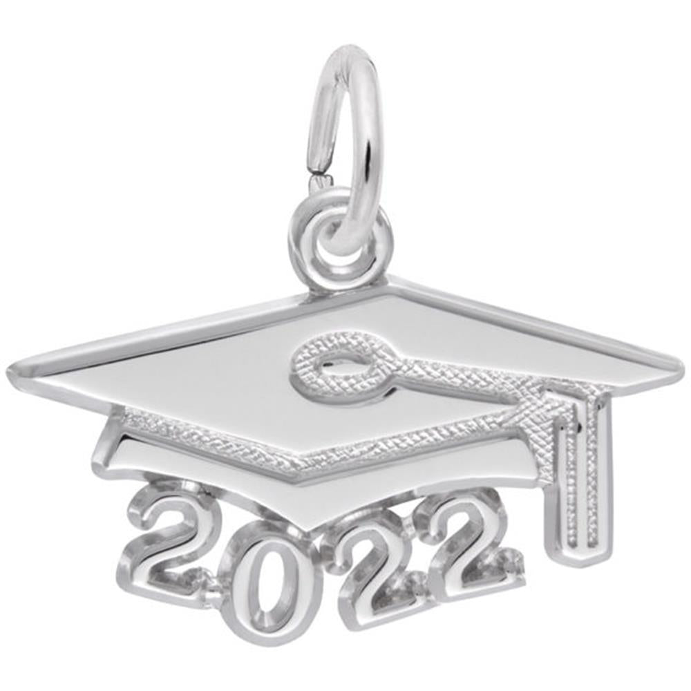 The Large Grad Cap 2022 Charm in Sterling Silver by Rembrandt Charms is shaped like a graduation cap with a tassel and features the year "2022" underneath, making it an ideal graduation keepsake.