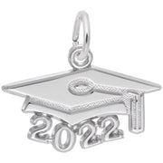 The Large Grad Cap 2022 Charm in Sterling Silver by Rembrandt Charms is shaped like a graduation cap with a tassel and features the year "2022" underneath, making it an ideal graduation keepsake.