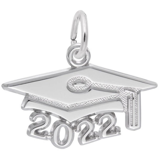 The Large Grad Cap 2022 Charm in Sterling Silver by Rembrandt Charms is shaped like a graduation cap with a tassel and features the year "2022" underneath, making it an ideal graduation keepsake.