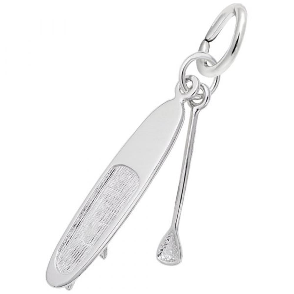 The Rembrandt Charms Paddle Board & Paddle Charm in sterling silver features an elongated surfboard with subtle texture details and an intricately designed paddle handle. Both elements are attached to a circular loop for easy attachment to accessories.