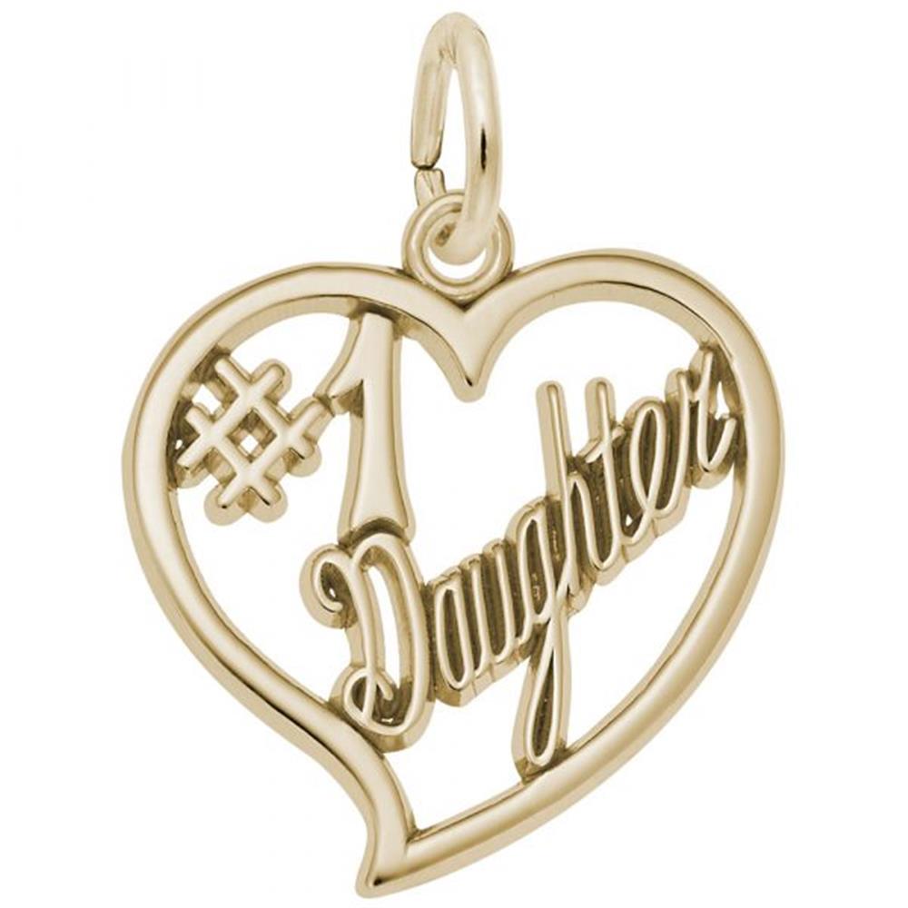 The Number One Daughter Charm by Rembrandt Charms is a gold-plated, heart-shaped pendant with "#1 Daughter" inscribed inside. This charm, which is also available in Sterling Silver, features a small loop at the top, making it perfect for wearing on a necklace or bracelet—a truly meaningful gift for daughters.