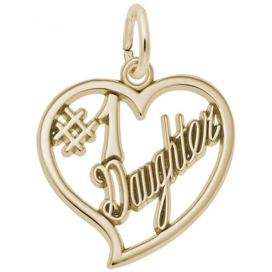 The Number One Daughter Charm by Rembrandt Charms is a gold-plated, heart-shaped pendant with "#1 Daughter" inscribed inside. This charm, which is also available in Sterling Silver, features a small loop at the top, making it perfect for wearing on a necklace or bracelet—a truly meaningful gift for daughters.