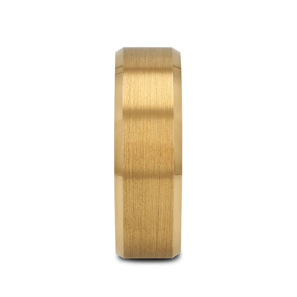 The HONOR Gold-Plated Tungsten Beveled Polished Edges Flat Ring with Brush by Thorsten, viewed from its side, displays a simple and sleek design. The ring features minimalistic styling with a brushed center, giving it a modern and elegant appearance.