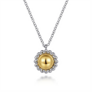 The Gabriel & Co 925 Sterling silver and 14k yellow gold necklace showcases a round, glossy gold pendant bordered by small silver beads, displayed on a plain white background.