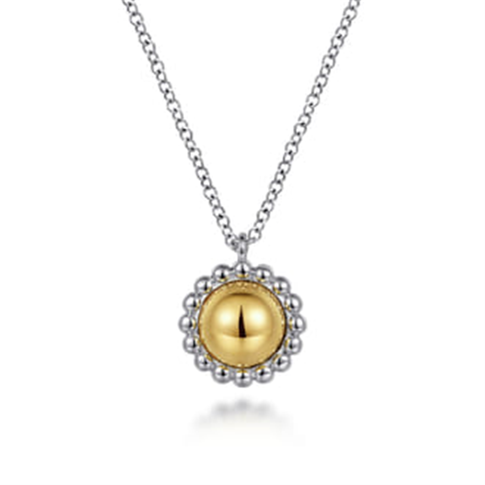 The Gabriel & Co 925 Sterling silver and 14k yellow gold necklace showcases a round, glossy gold pendant bordered by small silver beads, displayed on a plain white background.