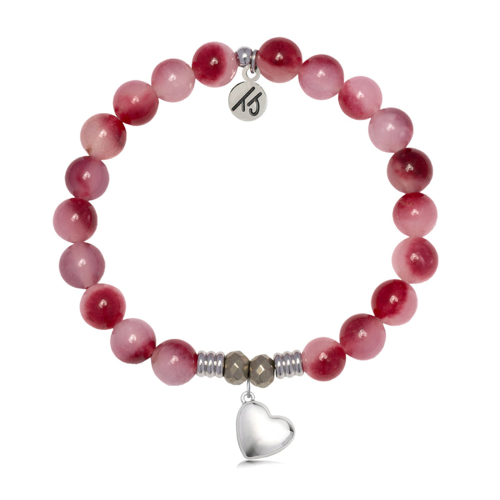 The T Jazelle Cherry Jade Gemstone Bracelet features round pink stones, silver accent beads, a sterling silver heart charm, and a tag engraved with "Love the Life You Live.
