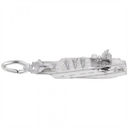 Introducing the Aircraft Carrier Charm from Rembrandt Charms, crafted in sterling silver. This intricately designed naval vessel features a detailed bridge, deck lines, and a small plane on the deck. It includes a convenient loop for attaching to a bracelet or necklace.