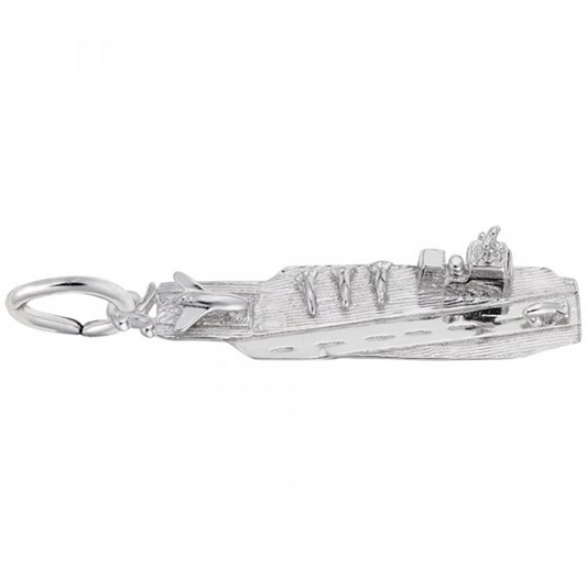 Introducing the Aircraft Carrier Charm from Rembrandt Charms, crafted in sterling silver. This intricately designed naval vessel features a detailed bridge, deck lines, and a small plane on the deck. It includes a convenient loop for attaching to a bracelet or necklace.