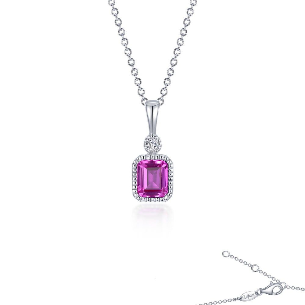 The Lafonn OCT sim diamond, pink tourmaline necklace features a silver chain with a rectangular pink tourmaline pendant, surrounded by sim diamonds and topped with a round clear stone, shown on a plain white background.
