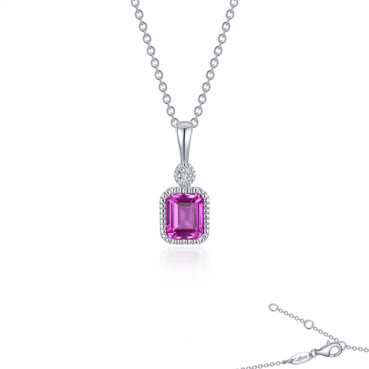 The Lafonn OCT sim diamond, pink tourmaline necklace features a silver chain with a rectangular pink tourmaline pendant, surrounded by sim diamonds and topped with a round clear stone, shown on a plain white background.